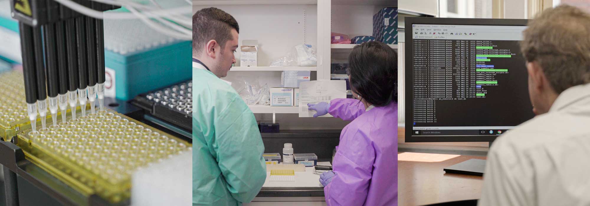 Three panel graphic of vials being filled by machine, two scientists in lab, person looking at a computer screen