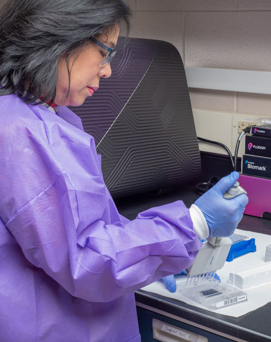 Scientist injecting liquid into trays